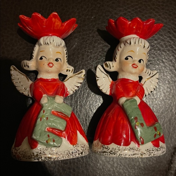 VINTAGE NAPCO NOEL POINSETTIA ANGELS CANDLE HOLDERS #1628 JAPAN - Picture 6 of 10